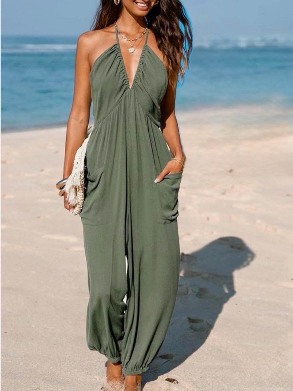 #19) Nwt Cupshe Olive Green Elastic-Hem Jumpsuit Open Back With Tie Neck